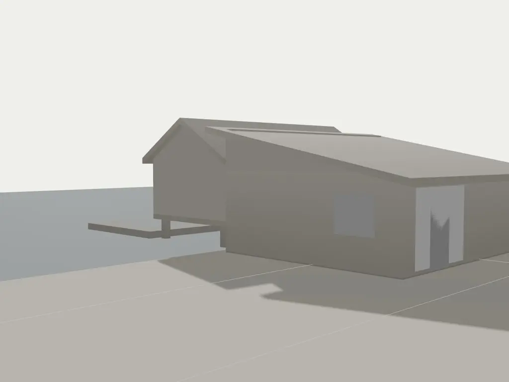 Clay model of The Bathing House, approach view. The building as you arrive, with its roof on and the site around it.