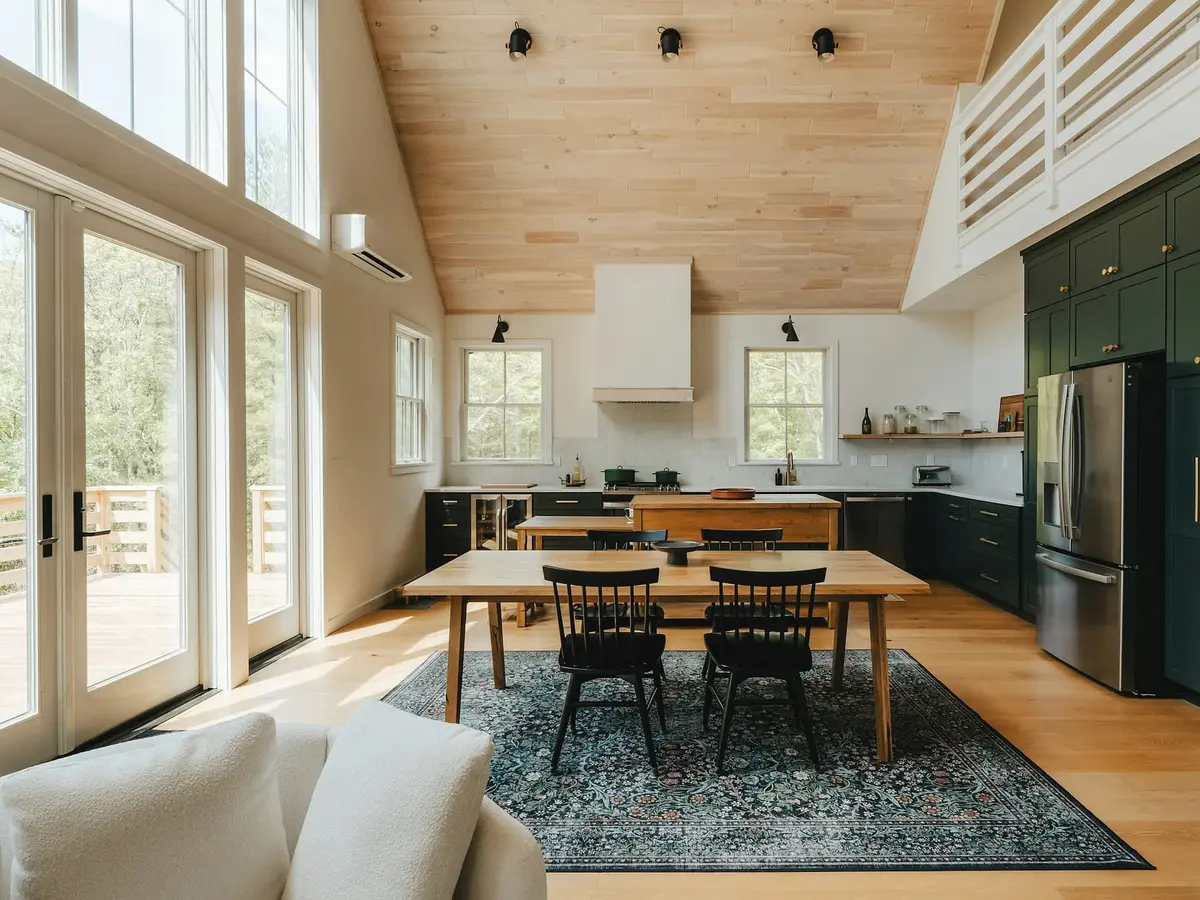 A kitchen and dining area under a pine-boarded vaulted ceiling, with a dark green kitchen run, a wooden table and glazed doors on the left.