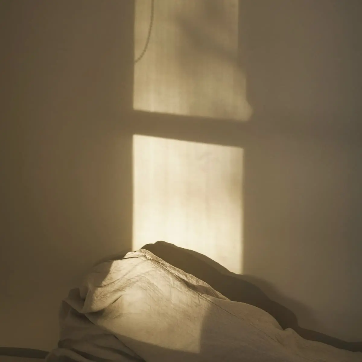 Low winter light falling across a pale wall and bedding in a bedroom.