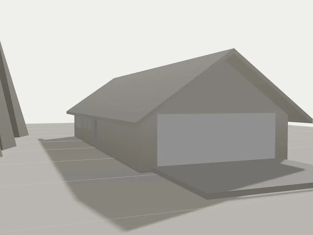 Clay model of House on the Dune, approach view. The building as you arrive, with its roof on and the site around it.
