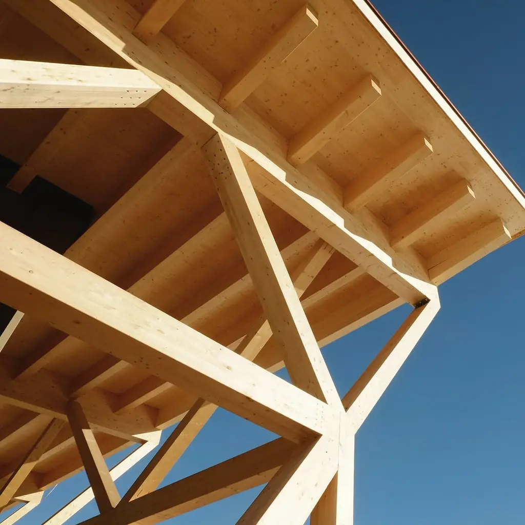 Pale timber trusses and rafters seen from below against a deep blue sky, in a strong diagonal.