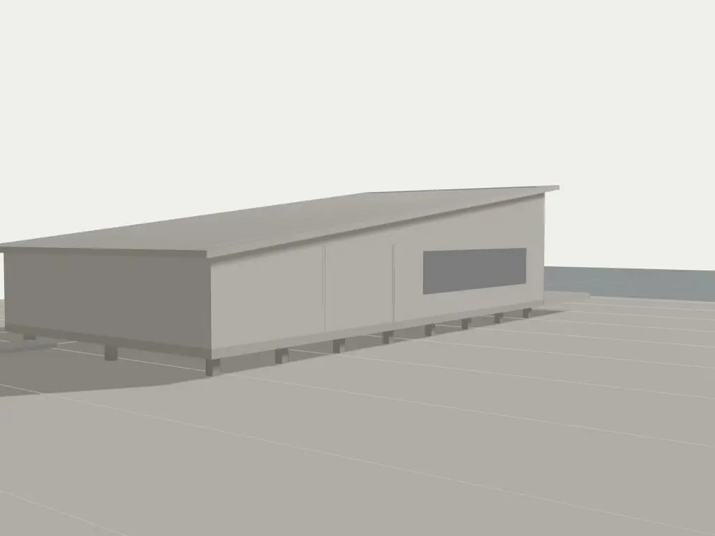 Clay model of Strandhuset, approach view. The building as you arrive, with its roof on and the site around it.